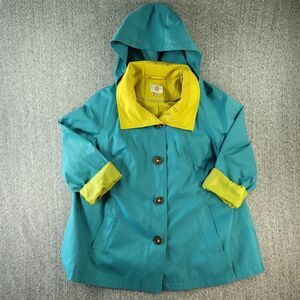 Gallery Woman Vintage 1X All Weather Raincoat Teal Hooded Jacket Color Block